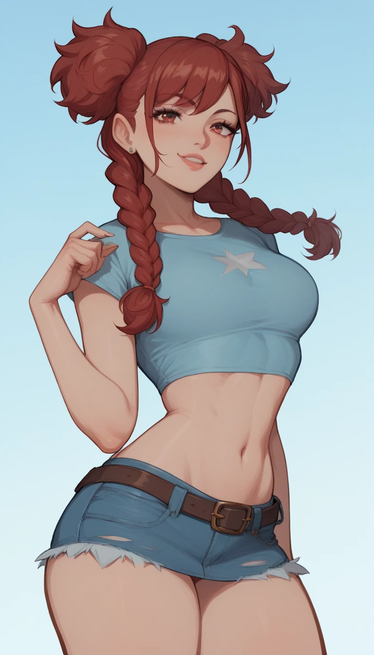 A girl, wearing a sky blue crop top, short denim skirt, dark red hair, double braided ponytails, plain background 