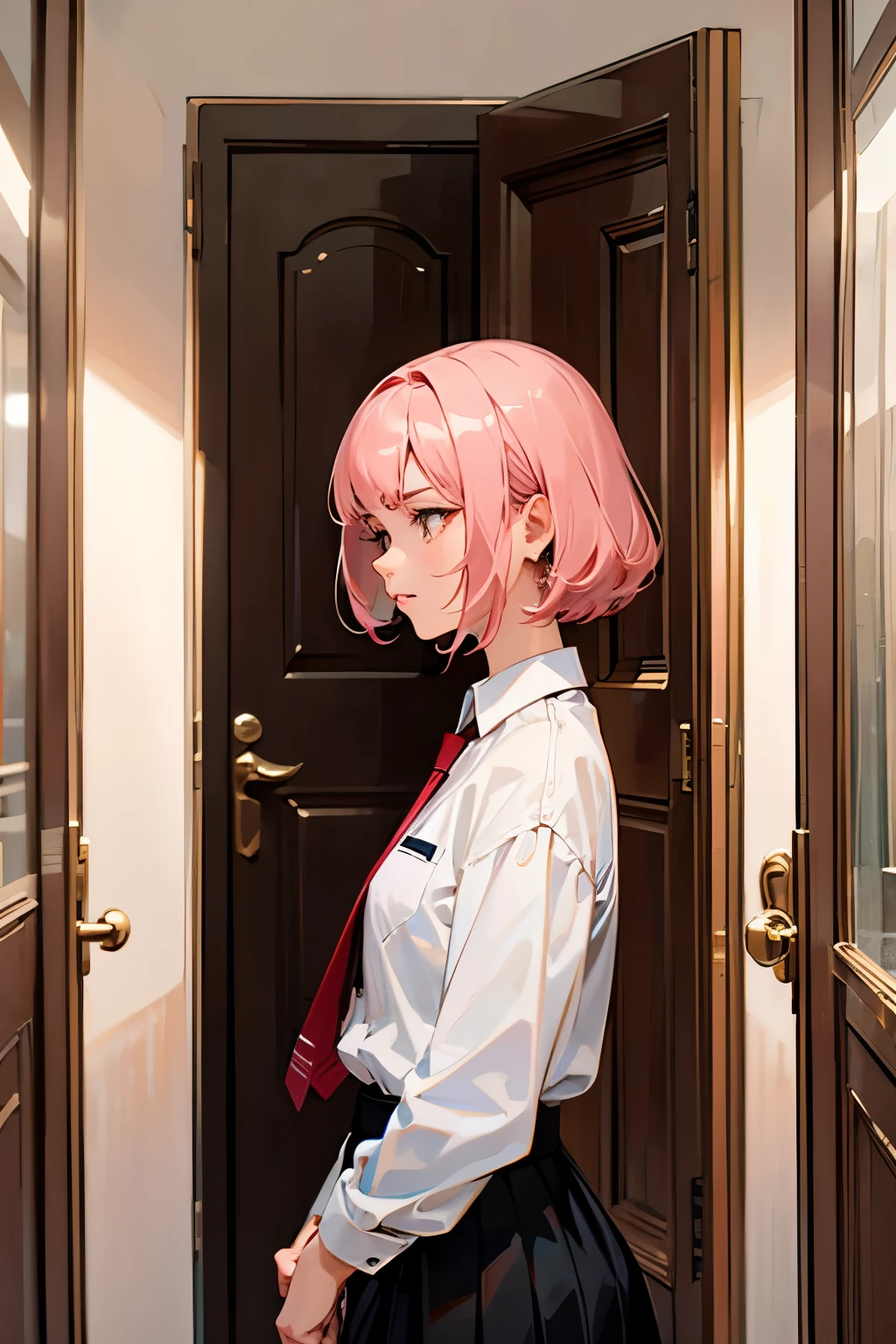 (highest quality:1.2), A girl  is opening a big door in a living room. from side view, stern expression, face with tense, a photorealistic cute girl, beautiful face, strict face, European face, noble face, large eyes, beautiful lip,closed mouth with anger and fearness, Short-cut pink hair, wearing white shirt, wearing red tie, wearing black skirt.