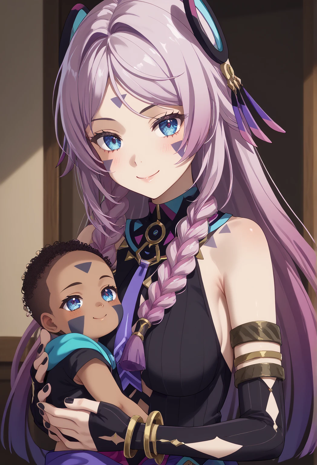 citlali, long hair,facial mark,blue eyes,twin braids, medium breasts,  anime screencap, pale skinned,    dynamic angle, takeda hiromitsu style,   1 girl ,  Black Gloves ,  purple tie,  partially fingerless gloves,  viewer,  black leotard, （purple lunghy, purple waist cloth :1.5）,  gradient hair , armlet, bracelet,  jewelry,  medium breasts,  split bangs  smile,,  bare shoulder ,  twin blades,  black shirt , hair intakes,  elbow gloves,  single fingerless gloves, ,  sleeveless, Face paint , elbow gloves, black nail  , noon,   mother and , small,hugging up, (((african baby))), dark-skinned baby, 


