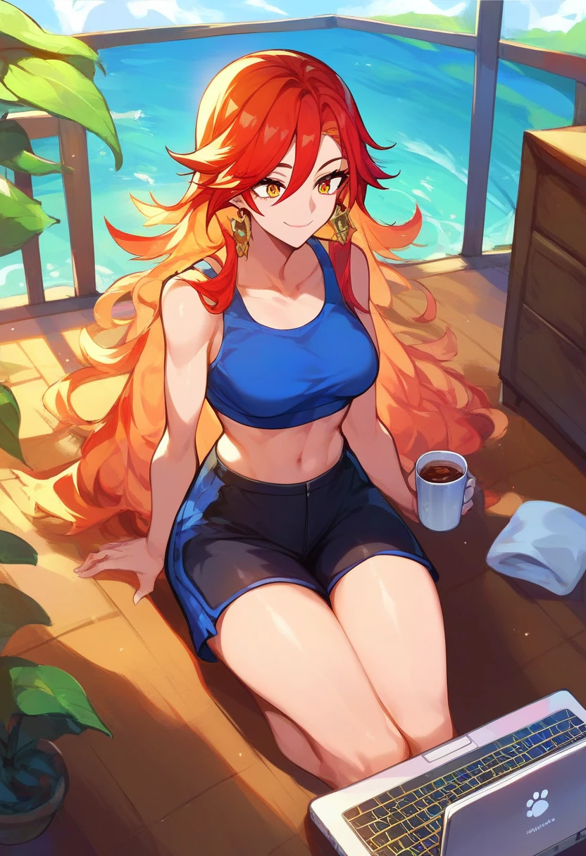 sCore_9,sCore_8_above,Core_7_above,   mavuika-gi   ,  a girl, d cup breasts, alone, long hair, neckline,   pechos grandes , sky, blows, smile, outdoors, Body, day, soft thighs, adult, wearing a sweatshirt and shorts, working on a laptop, living room, home