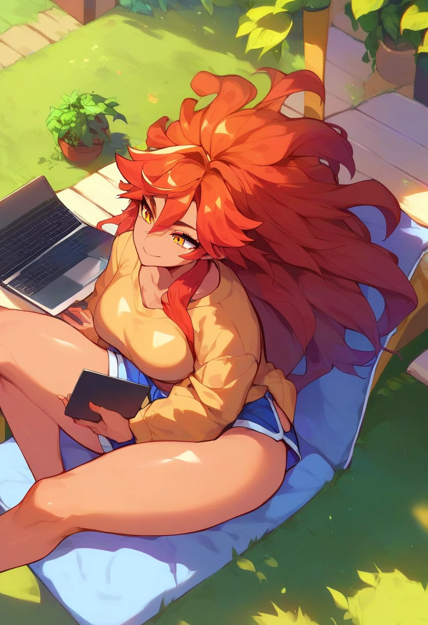 sCore_9,sCore_8_above,Core_7_above,   mavuika-gi   ,  a girl, d cup breasts, alone, long hair, neckline,   pechos grandes , sky, blows, smile, outdoors, Body, day, soft thighs, adult, wearing a sweatshirt and shorts, working on a laptop, living room, home