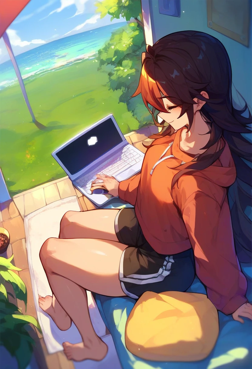 sCore_9,sCore_8_above,Core_7_above,   mavuika-gi   ,  a girl, d cup breasts, alone, long hair, neckline,   pechos grandes , sky, blows, smile, outdoors, Body, day, soft thighs, adult, wearing a sweatshirt and shorts, working on a laptop, living room, home