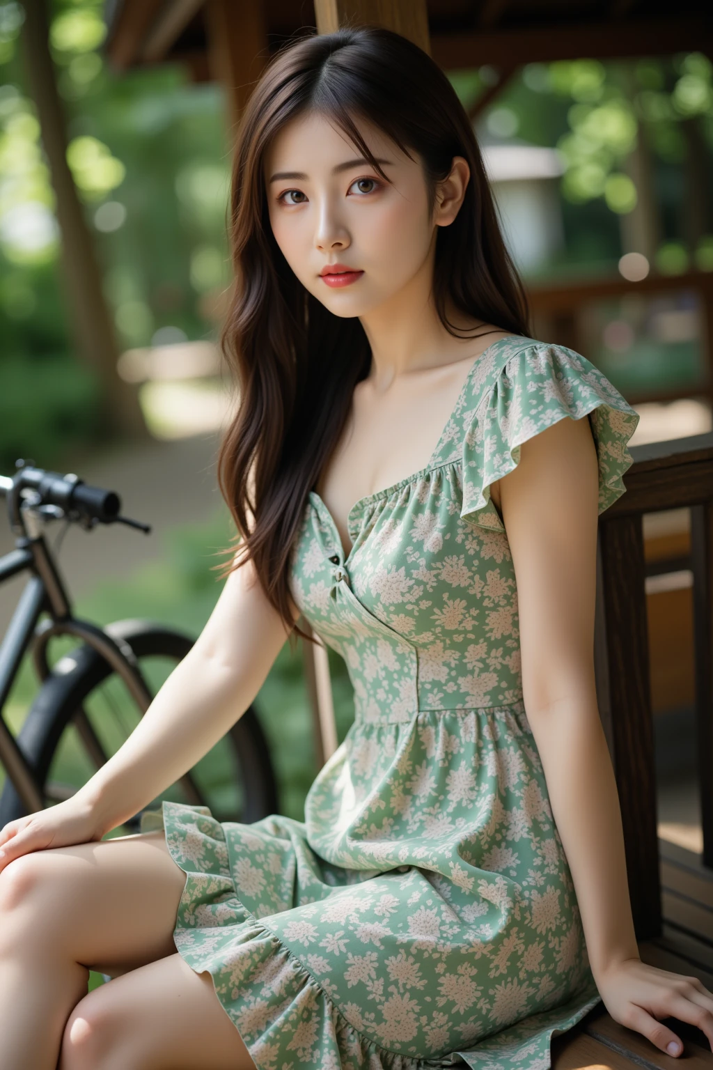 a beautiful young girl in a lush garden, (best quality,4k,8k,highres,masterpiece:1.2),ultra-detailed,(realistic,photorealistic,photo-realistic:1.37),detailed eyes,detailed lips,extremely detailed face,longeyelashes,elegant pose,serene expression,flower crown,detailed floral dress,sunlight filtering through trees,vibrant colors,intricate background details,fantasy landscape,magical atmosphere,(Kotosmix:1.2)