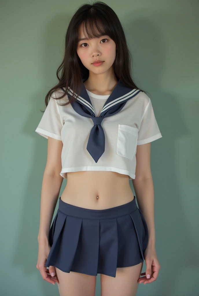 (((Dressing:1.8))), ((Dress up reliably:1.8)), (((pantie shot:1.8))), ((Lifted skirt:1.5)), (((Short Sleeve School Uniforms:1.8, Dark blue mini skirt:1.5, white panties with a small area,:1.5))), espadrilles, Classroom:1.8, Smiling smile:1.3, 1girl in, 独奏, 18year old, 7headed body, Ideal ratio body proportions, erectile nipple, short-hair, A dark-haired, With bangs, small tits, A slender, Small buttocks, beauty legs, Skinny Legs, surrealism, Cinematic lighting, depth of fields, One-person viewpoint, F/1.8, 135 mm, nffsw, masutepiece, ccurate, ((Anatomically correct:1.3)), Textured skin, Super Detail, high details, High quality, awardwinning, Best Quality, hight resolution, 8K