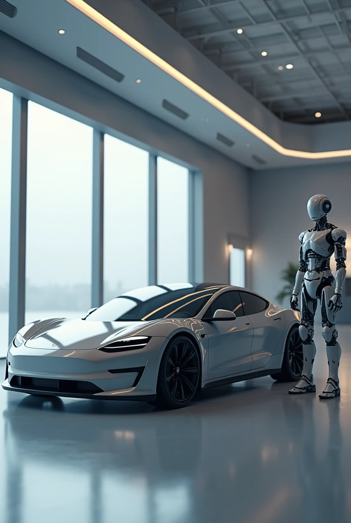 written at the top "AI work" and in the background occupying the center of the page a Tesla car with a Siri carrying an Alexa