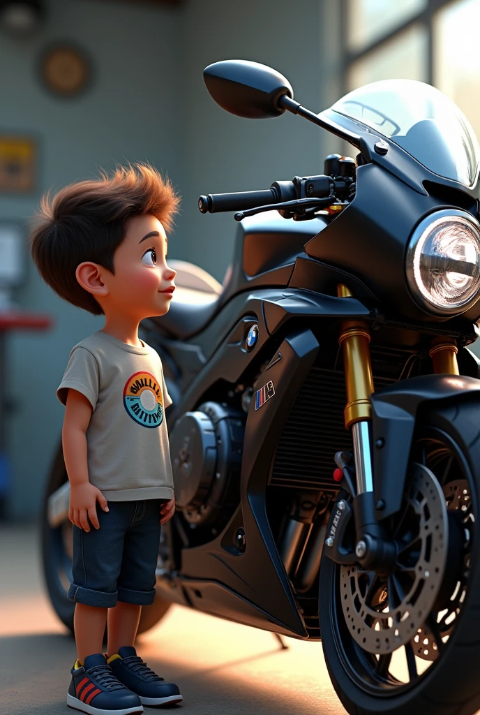 A boy looking at red rtr bike 
