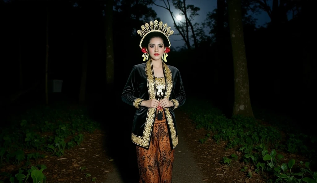 ((ultra-realistic photo)) [A beautiful 18-year-old woman with a fair, flawless complexion and smooth skin walks through a dark forest at night. She is wearing intricate traditional East Javanese wedding attire, featuring a detailed kebaya with elaborate embroidery, a batik skirt, and traditional golden accessories, including a crown-like headpiece. Her expression is sorrowful, with her gaze cast downward as she moves through the dense, shadowy jungle. The background is a pitch-black night with faint moonlight filtering through the towering trees, casting soft shadows on the ground covered with fallen leaves and damp earth.] Captured with a medium telephoto lens from a slightly low angle to highlight her elegance against the eerie forest. Soft, diffused lighting emphasizes the intricate details of her attire and her facial expression. (((8K UHD))), highly detailed, sharp focus, HDR, professional composition, vibrant colors highlighting the golden accents and the natural textures of the forest.