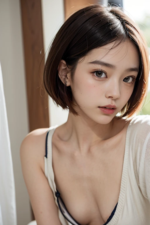 Professional photo-realistic images。A cute Japanese woman with short fluffy hair wearing a wide-necked sweatshirt without a bra。She is leaning forward and looking up at me.。Her nipples are visible through the gap in her collar。(flat chest:1.6), Front view from above。She is blushing and looking at me with an embarrassed face.。nsfw