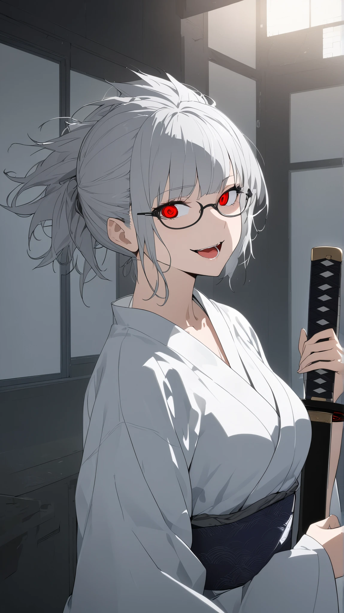 8k Ultra HD, soft lighting, High Quality , film grains , Fujifilm XT3 as background、最 High Quality , masterpiece, high definition , 1 girl , alone, Woman in her early 20s, Adult female, Research Room,Researcher,Gray Hair, Grey Hair, Silver Hair, Natural perm, Spiked Hair, undercut hair , wolf cut, chest, A beautiful woman in men's clothing,Handsome beauty , neutral face ,Purple Eyes, White's white coat, kimono,侍の kimono、 Open Your Mouth Slightly , tongue, drool, looks at you, Red eyes, Seductive Smile , Crazy Eyes, crazy smile , Seductive Smile , hollow eyes, wearing black-rimmed glasses ,Jacket(White open coat,White), clavicle , Wearing a Japanese sword at the Waist ,Waist( black Japanese sword ),Equipped with a Japanese sword,Japanese Sword ,Hi,Hi道,Hiの構え