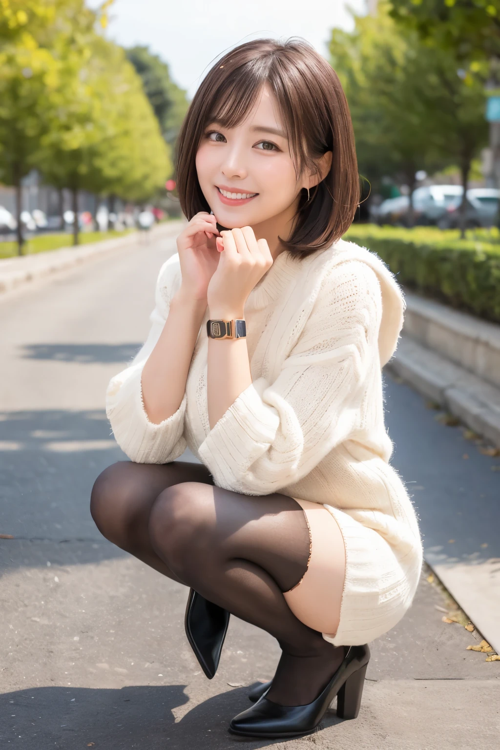 Tight mini skirt with slit、Pull-zip hoodie、1 person、Bob Hair、Mid-chest、Toned Legs、Sexy black pantyhose:1.2、garter belt、Luxury knee-high heel boots、In front of the station at night、Stairs at night、Sitting、She put her feet together to show off the toes of her knee-high heel boots.:1.3、RAW Photos、Highest quality、Highest quality、Detailed image quality、Detailed Background