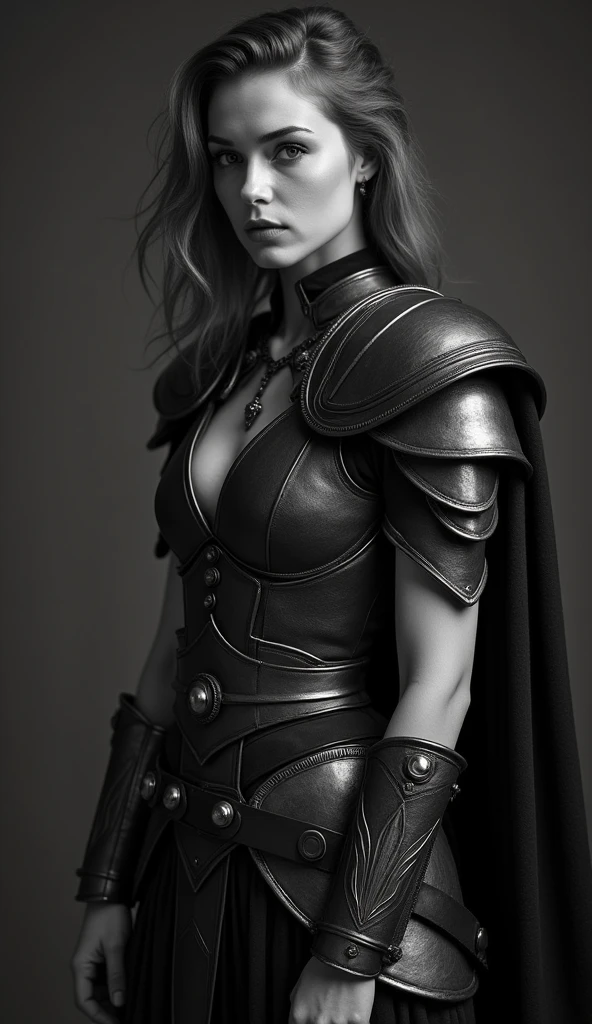 beautiful warrior woman wearing black leather body armor with insanely detailed and intricate with hypermaximalist embossed pattern, elegant, super detailed, cinematic light, fantasy, modelshoot style, 3/4 photo shot, from above head to knee viewframe