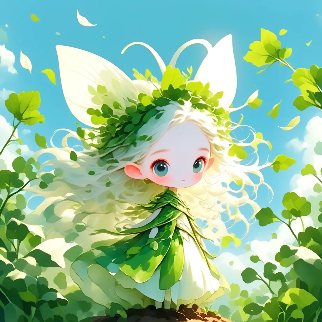 (masterpiece:1.2,  highres icon,  best quality:1.2),  1 daikon lady , (Queen of daikon motifs :1.3, cute, cute),  elven pointed ears , Alone, whole body, A strong smile, Green big eyes, Green leaves long hair , bangs, pointy ears, Pure white skin,  wears green daikon leaves as costumes,  intricate design BREAK white sword , Long daikon shape BREAK blue sky 