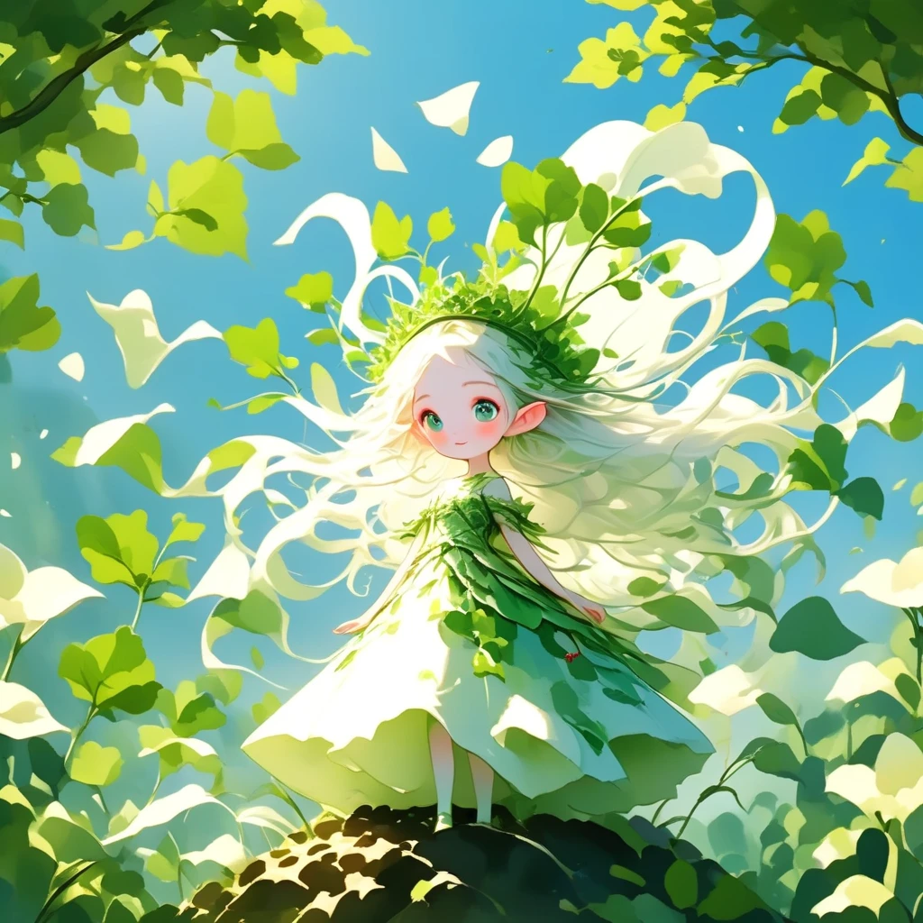 (masterpiece:1.2,  highres icon,  best quality:1.2),  1 daikon lady , (Queen of daikon motifs :1.3, cute, cute),  elven pointed ears , Alone, whole body, A strong smile, Green big eyes, Green leaves long hair , bangs, pointy ears, Pure white skin,  wears green daikon leaves as costumes,  intricate design BREAK white sword , Long daikon shape BREAK blue sky 