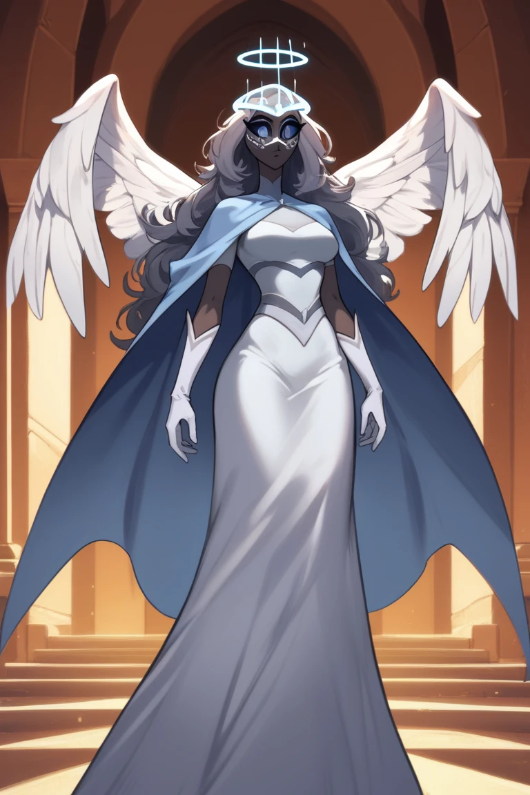 SeraHHXL, dark skin, colored skin, grey sclera, colored sclera, halo, glowing halo, angel wings, breasts, (solo), standing, blue cape, gloves, long skirt, dark blue long gloves, Masked Lute, looking at viewer, indoors