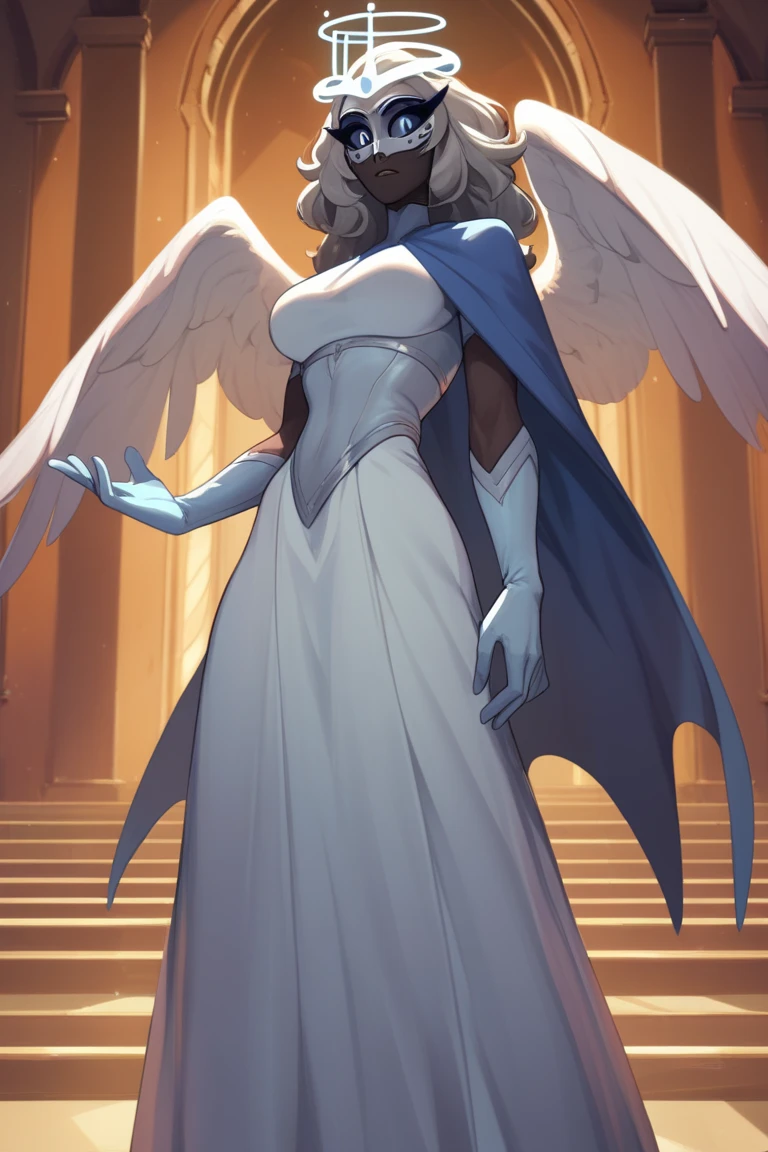 SeraHHXL, dark skin, colored skin, grey sclera, colored sclera, halo, glowing halo, angel wings, breasts, (solo), standing, blue cape, gloves, long skirt, dark blue long gloves, Masked Lute, looking at viewer, indoors