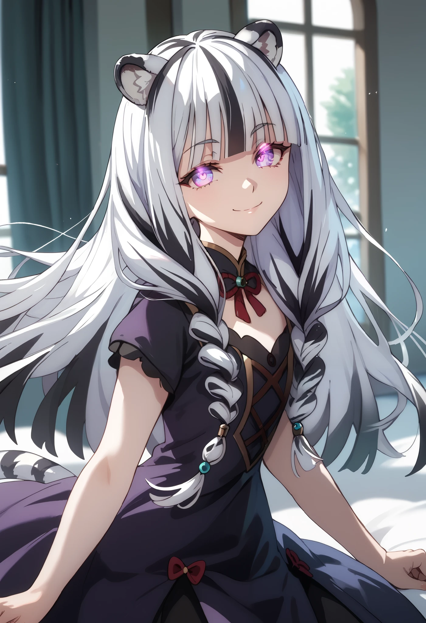 ((masterpiece)), 1girl, solo, long hair, white tiger ears, white tiger tail, open eyes, purple eyes, glowing eyes, white hair, black hair, multicolored hair, purple dress, black dress, multicolored dress, yandere theme, manic smile.