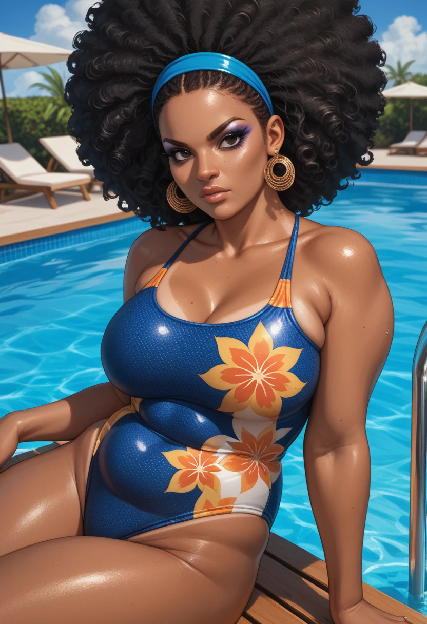 fotorealistisch, black young girl, shiny, blue swimsuit, cameltoe