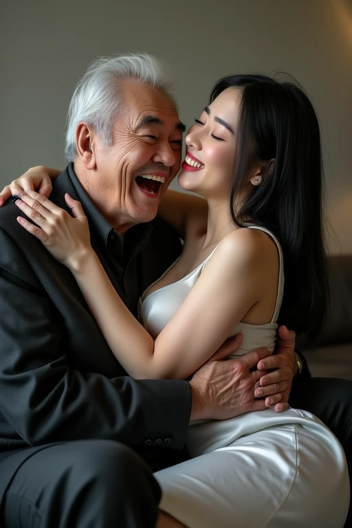 asian old dad squeeze young daughter's big breasts