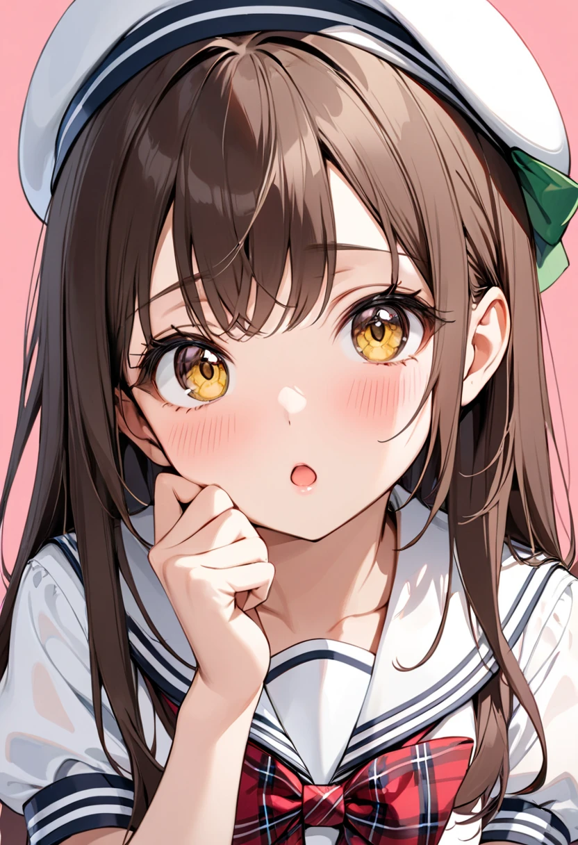 (Masterpiece), (High resolution), 4k anime style, 4k Best quality, (soft smile), (friendly), (brown hair), Cute, She has messy long brown hair, Woman wearing a suit with a white beret, skirt, (legging), looking at viewer, (Tokyo city), (daytime), futuristic, 2035, smiling, close up view, paying attention at you, no hands seen, safe for work