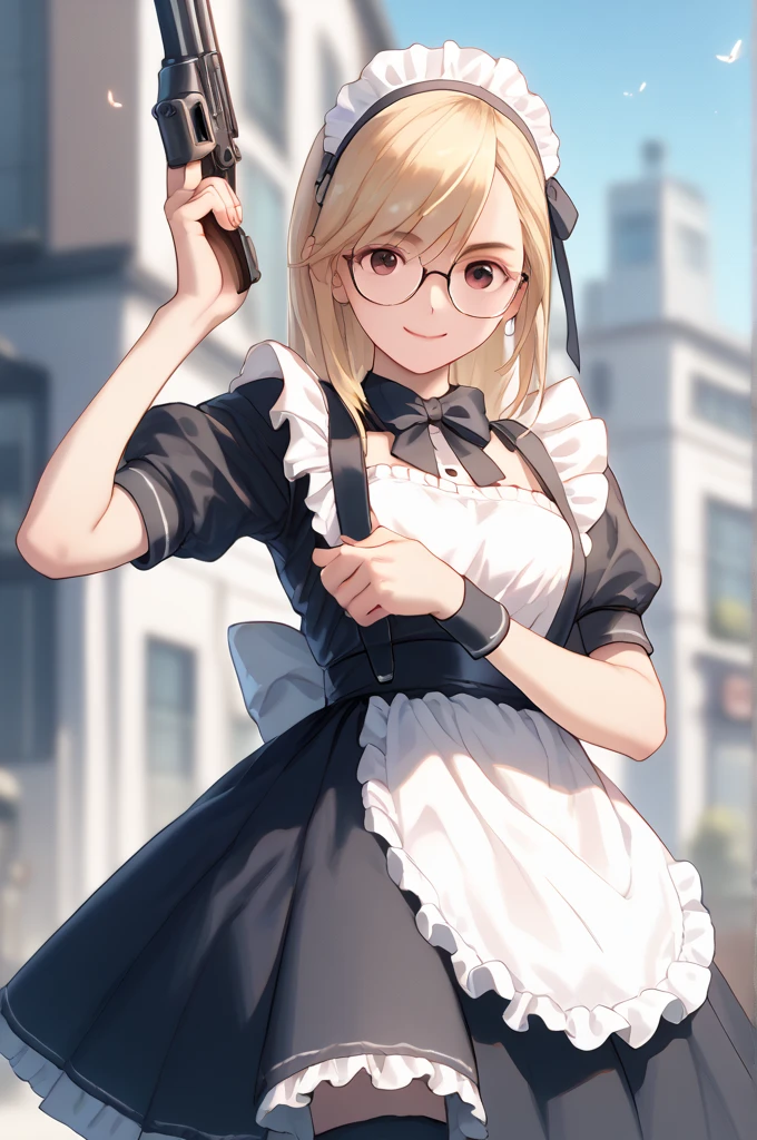  adult woman　 maid outfit 　Chignon　Glasses　Blonde　Hold a gun　clear　Western-style building　smile