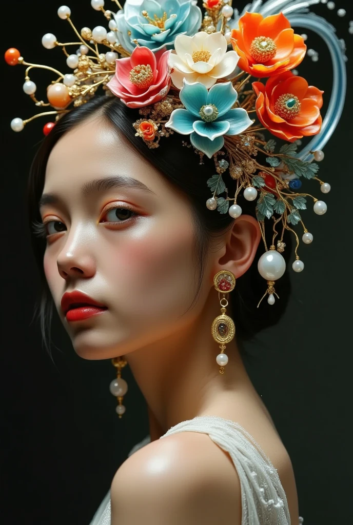 Close-up of a person with flowers on his head, A surrealist painting,Inspired by Cheng Yanjun , tumblr, Rococo, james jean 和 wlop, james jean andrei riabovitchev, Beeple 和 James Jean, Vita Studio and James Jean, Jordan Grimmer and James Jean , James Jane's Artwork , Alberto Seveso and Dan McCaw
