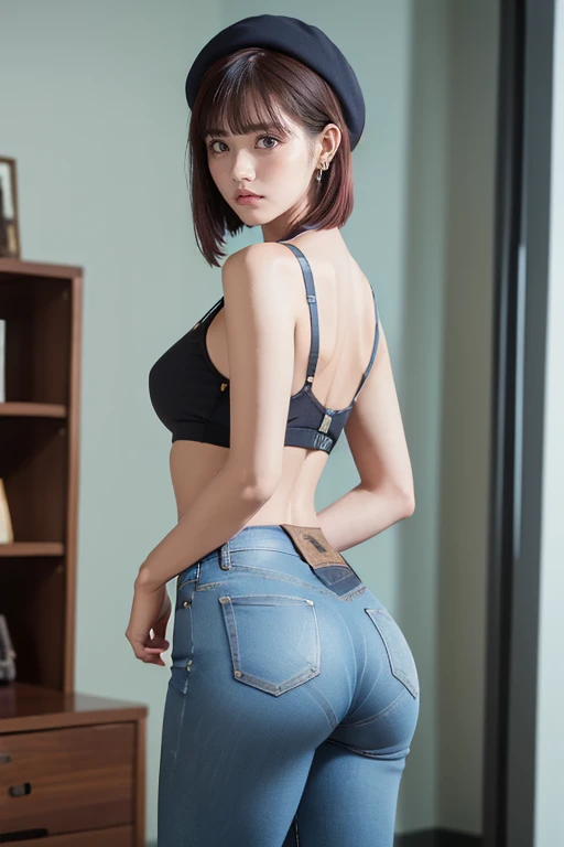 (masterpiece, best quality), 1girl , Claire Redfield, chain on her neck, in bed, in her jeans,  back, ass