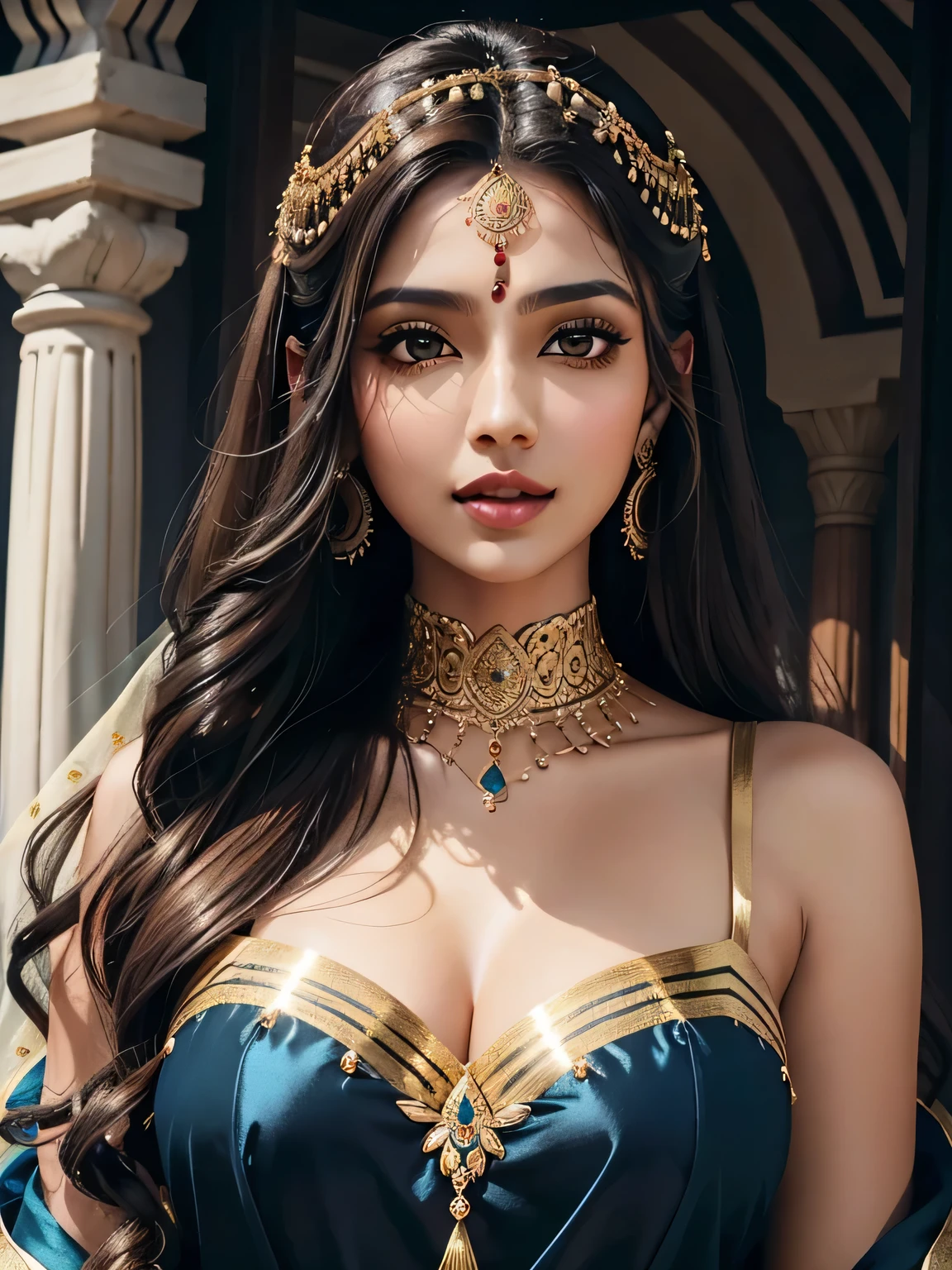 Ancient persian young beautiful woman with dark brown long with smooth curls. She has light brown eyes. She is dressed in a typical ancient persian desert princess outfit. She stands in front of her family's royale place. Her face is smoothly mature but still young and beautiful. She has some lara croft shape face