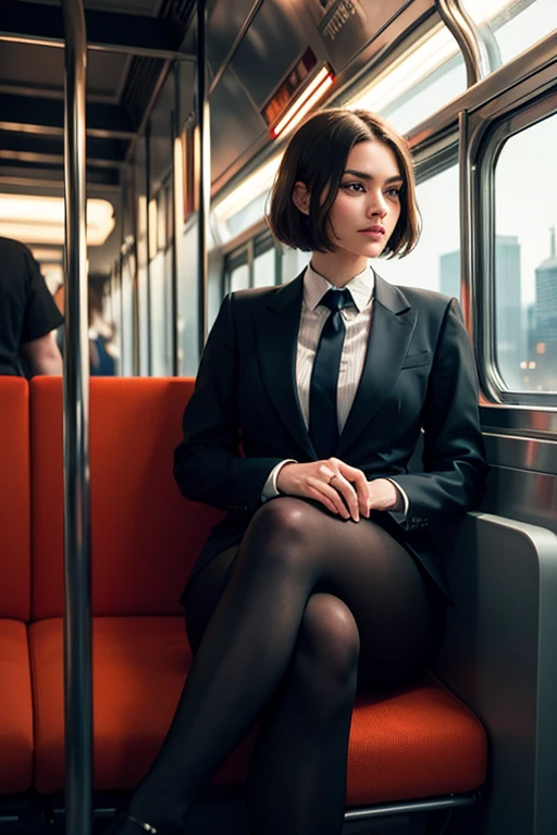 Woman in a black suit,  shorthair,  black stockings ,  Detailed Portraits ,  high definition, photo realistic , 8k,   Masterpiece , ( best quality:1.2), ( realistic :1.37),  elegant ,  Professional,  dynamic pose ,  studio lighting,  Dramatic Lighting ,  Movie-like ,  beautiful detailed eyes from outside the train,  Beautiful Detailed Lips,  Extremely Detailed Faces and Features ,  complex details, hyper realistic ,  Seamless  , No scars, Refined,  high fashion,  glamorous, confident, City Background,  urban setting，Sitting in a peacock chair with her legs crossed