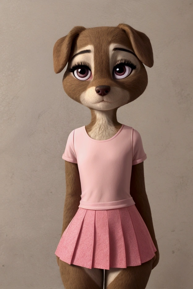 Small slim female deer with nice big thighs and cream brown fur and cute blue eyes and is wearing a short dress with a full body mini skirt and is .