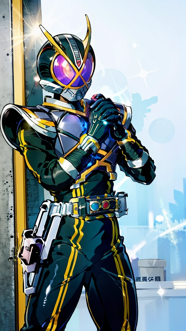 (    best quality ), (    best quality ), (    best quality ), (Overall view)  魅力的な若い青年18 years old, shiny Kamen Rider suit , 18 years old,  toned and muscular , The suit with a bruise on the face is in tatters, Kamen Rider cornered by a wall , Raise your hands and surrender, 