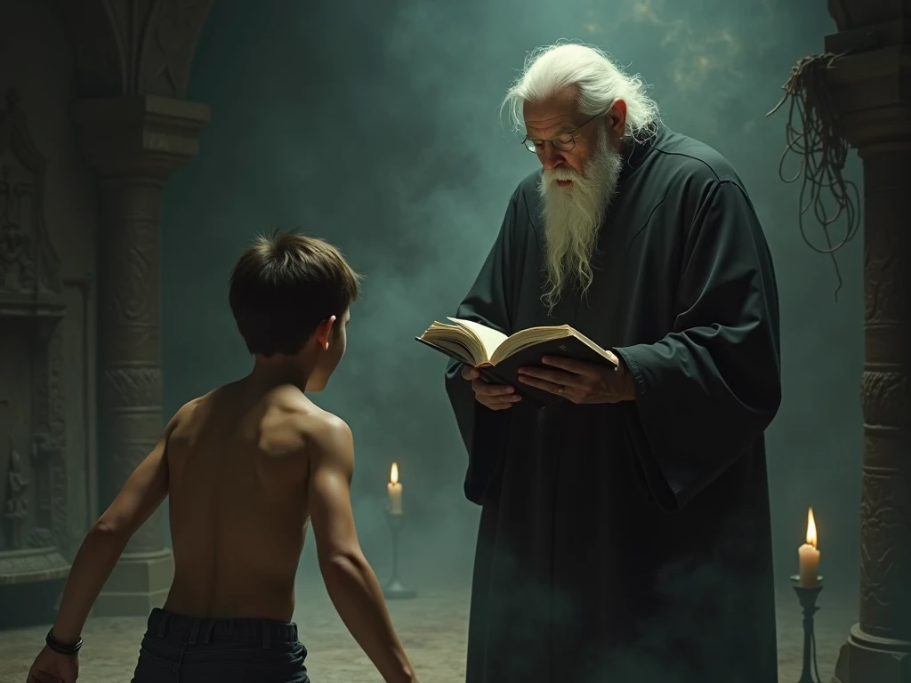 An old wizard with long, scary nails is holding a child.