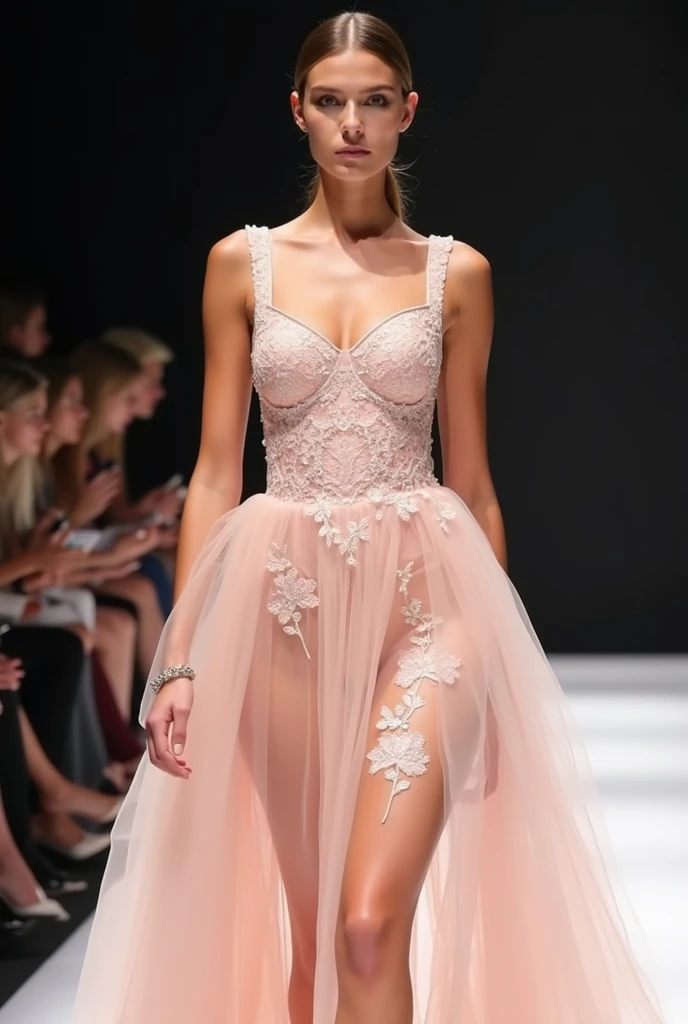  create a model on the runway wearing a dress that has thick straps , Have a straight and square neckline , with a marked waist and round skirt ,  that is in a shade of light pink and that has several lace applications