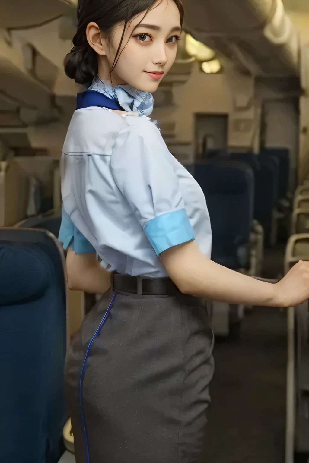 (masterpiece:1.2,  best quality:1.2), 32kHDR,  high resolution for loosely aligning the legs , (Alone、  1 girl)、（ At the airport lounge 、 Professional Writing ）、 In the background of an airport lounge 、（ANA cabincrew uniform blueを着たリアルスタイル）、（（ ANA flight attendant uniform blue short sleeve blouse  、 ANA flight attendant uniform blue skirt with blue lines on the back、 Scarf around the neck ））、  Lots of Dark Brown Hair  、（  long hair、Hair tied up、Hair tied up,  braid summary hair  ）、  Lots of Dark Brown Hair  、Long Hit、Big Breasts、Thin legs、（（ Amazing hands ：2.0）），（（  harmonious physique with the roof of the building in the background  ：1.5）），（（Normal limbs：2.0）），（（The usual ：2.0）），（（  delicate eyes ：2.0）），（（Normal eyes：2.0））)、smile、（ANA cabincrew uniform blueを見せた美しい後ろ姿）、Hands folded under the body 
