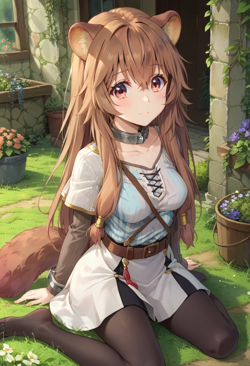  score_9,score_8,  (((perfect face))), (medium breasts), focus breasts, full body view, {looking at viewer},(brown hair), (bangs), (long hair), (animal ears), (raccoon ears), (raccoon girl), (raccoon tail), 1girl, raphtalia, (pink eyes), (detailed eyes), (perfect Eyes), garden, outdoors, white capelet, striped shirt, long sleeves, belt, white skirt, black pantyhose