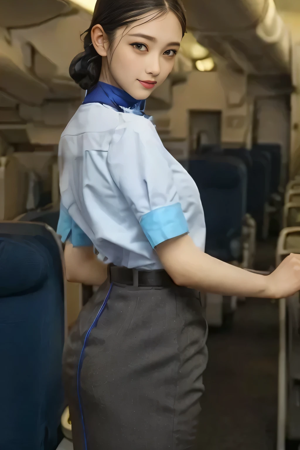 (masterpiece:1.2, best quality:1.2), 32kHDR, high resolution for loosely aligning the legs , (Alone、 1 girl)、( At the airport lounge 、 Professional Writing )、 In the background of an airport lounge 、(ANA cabincrew uniform blueを着たリアルスタイル)、(( ANA flight attendant uniform blue short sleeve blouse 、 ANA flight attendant uniform blue skirt with blue lines on the back、 Scarf around the neck ))、 Lots of Dark Brown Hair 、( long hair、Hair tied up、Hair tied up, braid summary hair )、 Lots of Dark Brown Hair 、Long Hit、Big Breasts、Thin legs、(( Amazing hands :2.0)),(( harmonious physique with the roof of the building in the background :1.5)),((Normal limbs:2.0)),((The usual :2.0)),(( delicate eyes :2.0)),((Normal eyes:2.0)))、smile、(ANA cabincrew uniform blueを見せた美しい後ろ姿)、Hands folded under the body