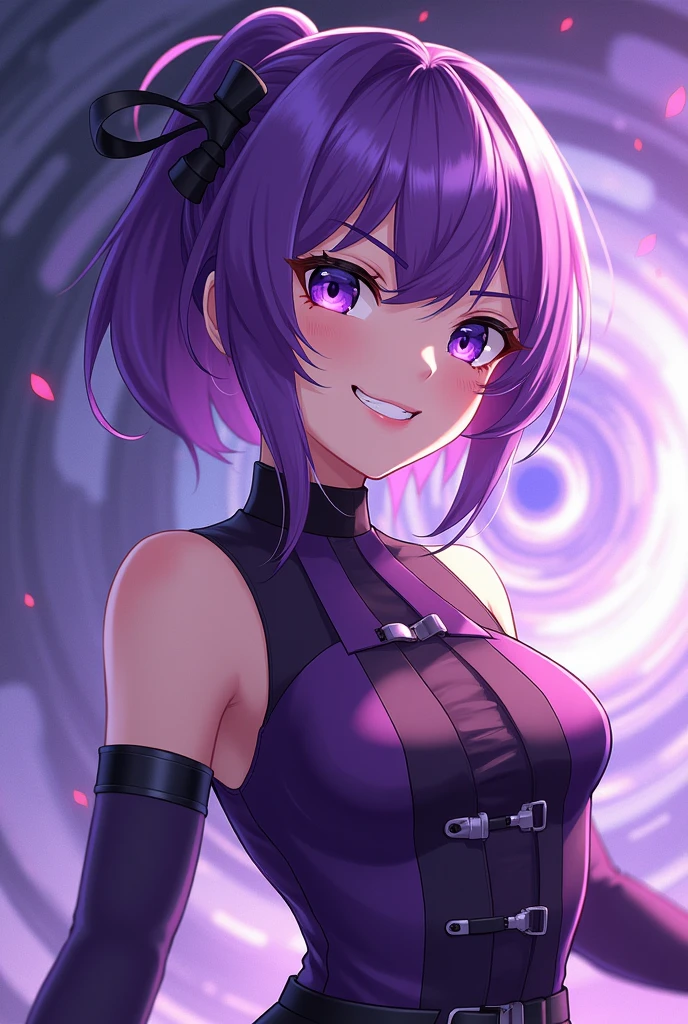 (masterpiece, best quality, absurdres), 1girl, solo, purple hair, short hair, inverted bob, purple eyes, small breasts, narrow waist, long eyelashes, magical girl, henshin, henshin pose, naughty face, grin, magic circle, energy, light particles, aura, glowing, city, cityscape, city lights, night, night sky, starry sky, rooftop, wind, floating, floating hair, sexually suggestive