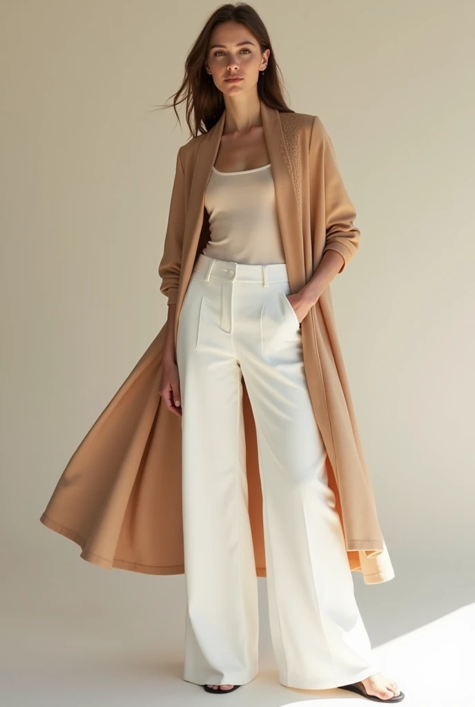 ((masutepiece, of the highest quality, High Definition)),Woman in beige pants and brown tank top、I have a yellow cardigan draped over my shoulder. Her hair pulls cool, Manish style like GISELe,Manish Makeup, ((Simple hair, High tone hair color, :1.2)) Summer style,((whitebackground, snow-white background,))