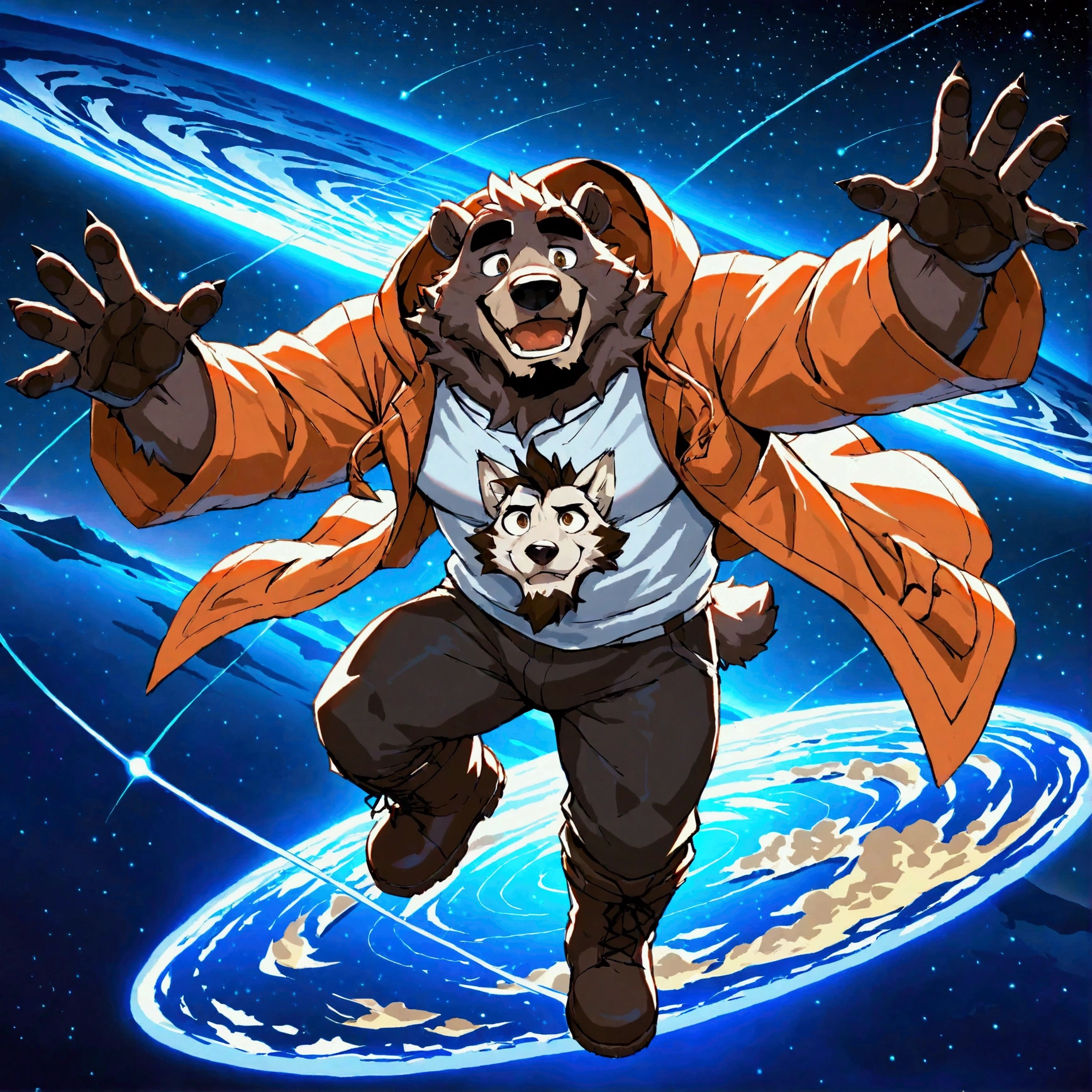 character focus, full body, looking away, dynamic angle, astrologer, middle-aged bear man, little smile, costume clothes, robe shirt, half pants, boots, standing arms rised in the air, searching for stars, dynamic pose, BREAK full body in Michelangelo Buonarroti style, housamo style, digital illustration anime, detailed painting landscape, planets floating in space, milky way, starry sky, astronomical observatory, outdoor, full color, HDR, BREAK complete anatomy, perfect proportions, beautiful thigh gap, fluffy body, intricate fur details, beautiful fur texture, BREAK a detailed bear 1tail, detailed boots, detailed foot, detailed hands, 5fingers, 5fingers nails, BREAK aesthetic anime face, insanity detailed face, male face, big face, square jawline, aesthetic anime eyes, detailed brown eyes, detailed brown cornea, detailed dark brown irises, detailed pupils, male eyes, big eyes, male eyebrows, innocent look, beautiful beard, BREAK masterpiece, official art, best quality, very aesthetic, absurdres, super fine illustration, great quality, BREAK noise reduction, very highres, large filesize, high quality, 32K, 8k wallpaper, dynamic lighting, BREAK insanity detailed, ultra detailed, intricate details, extremely detailed, detailed texture, an extremely delicate and beautiful, BREAK e621 illustration, osukemo, kemohomo, anthropomorphic, furry, cartoon, harmonious, pastoral face, virtuous eyes, academic atmosphere 