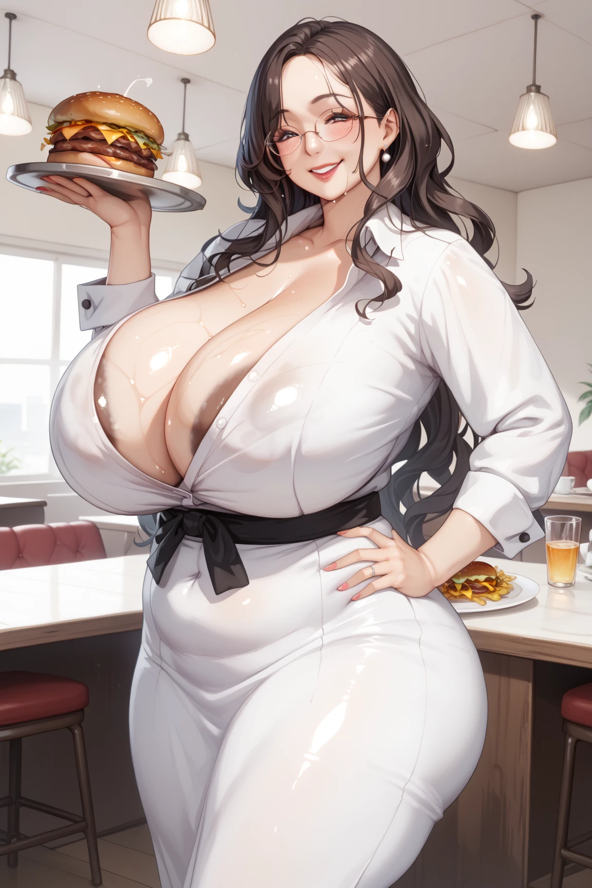 One mature woman、50th Generation、White、 dining room、、 unbelievably big breasts 、 very big butt、 plump 、 Brown areola、 plump 、Thick waist、 chubby、Round face、 oily skin、  shiny skin、  wet skin  、 wavy hair、  embarrassing、smile、Details、 Close your eyes、Holding a tray with a hamburger on it、 cleavage、vintage waitress uniform 、straight-on,GiganticBreatsXL,gigantic breasts,huge breasts,mature female, milf, motherly、hand on own hip