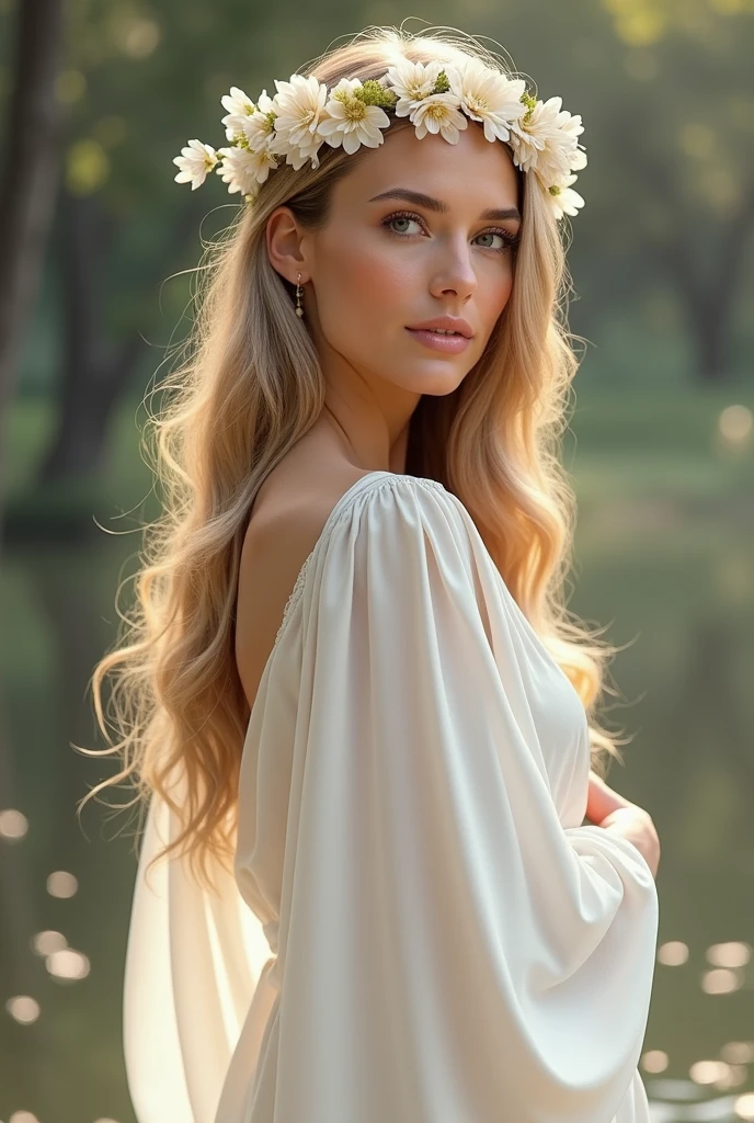 "(best quality,high resolution),long blonde hair with a small black bow,blue eye,Des couleurs vives,sharpness,Beautiful detailed eyes,beautiful detailed lips,skin white,Maquillage charmant,soft and flowing hair,delicate features,Elegant pose,soft smiling,background with flowers,garden landscape,sweet sun"
