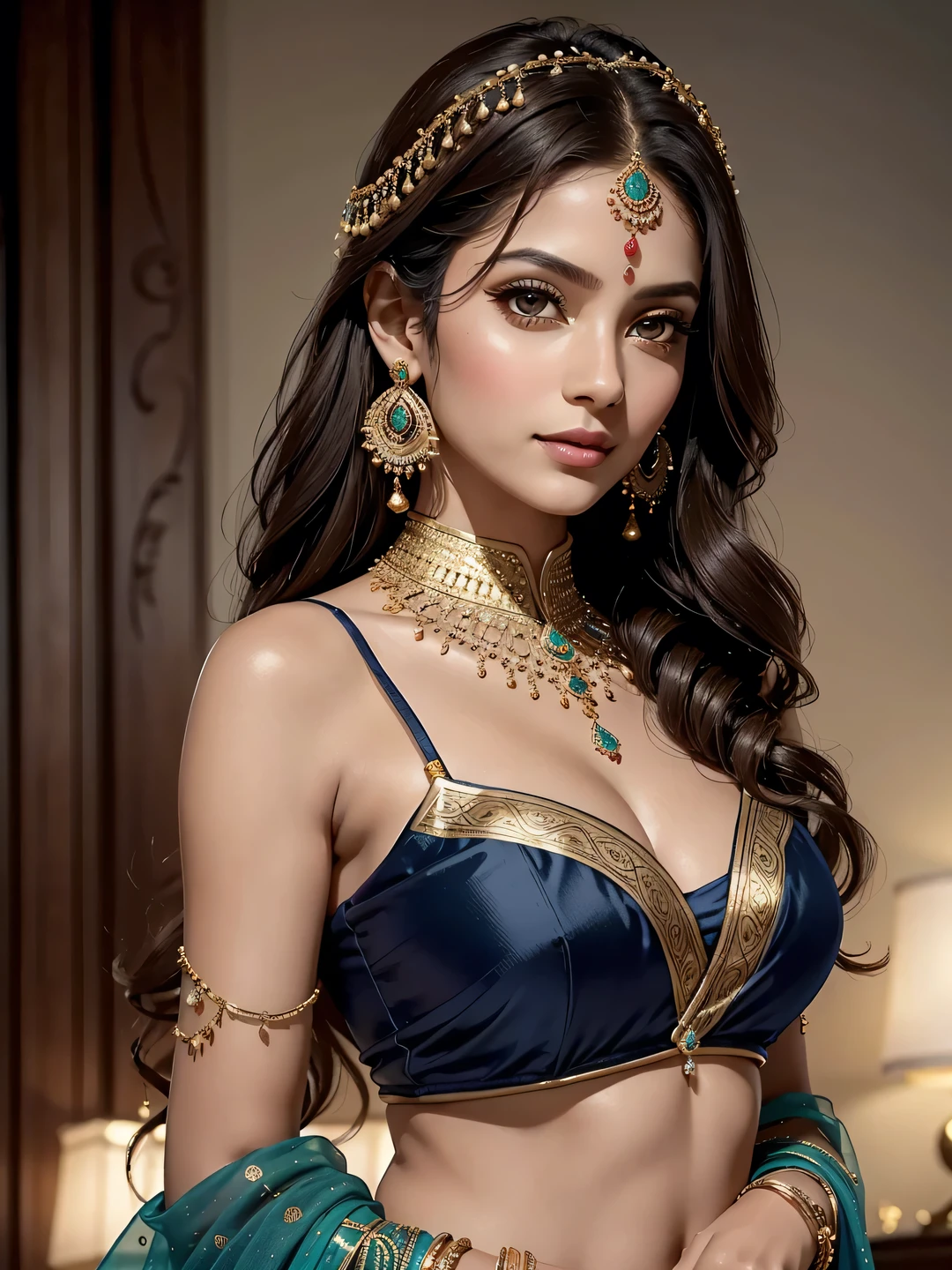 Rhea Chakraborty as a beautiful 21-year-old woman, She wears a gorgeous navy blue gagra and a long blouse, Eye mascara, eyeshadows, long eyeslashes, gold jewerly , Large breasts, Stand in the palace, Upper body, Front view, gros-plan, Pubic hair visible, ((beautiful face)), ((beautiful eyes)), ((big breasts)), ((shiney breasts))