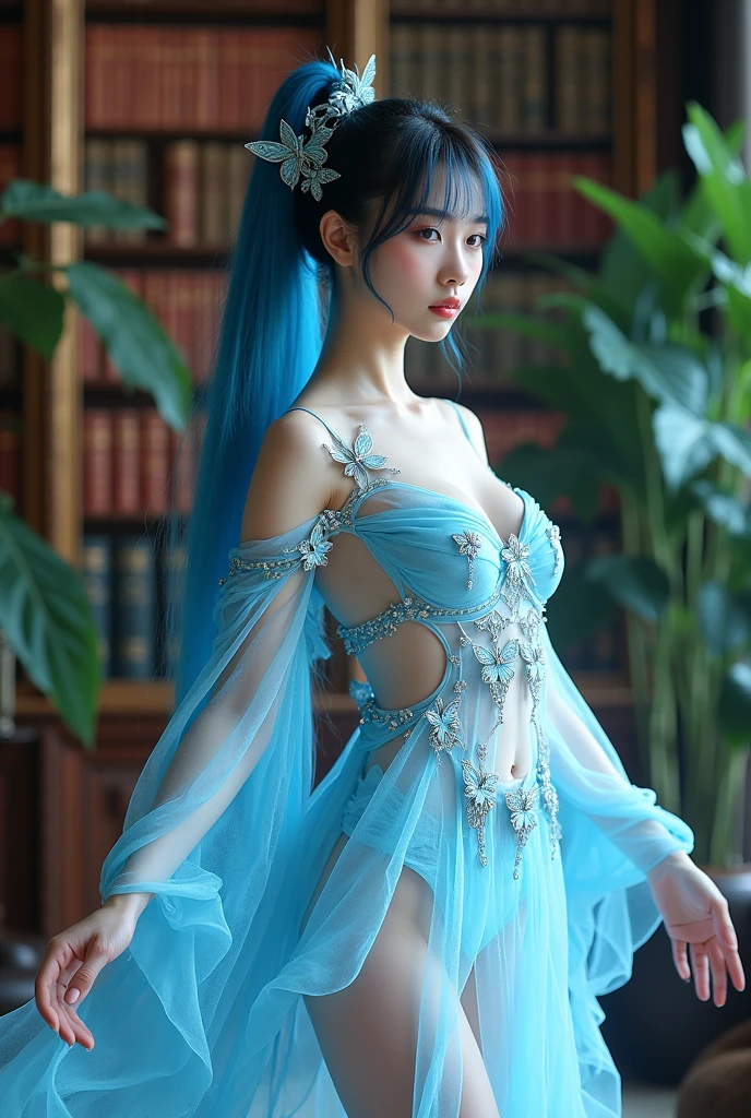 there is a woman in a blue dress posing for a picture, concept art inspired by Leng Mei, tumblr, fantasy art, lunar themed attire, astral witch clothes, fantasy outfit, anime girl cosplay, beautiful celestial mage, tube-top dress, trending on cgstation, celestial goddess, render of april, light blue, dream medium portrait top light, light blue skin