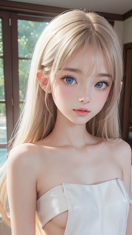 Very cute and beautiful face with sexy shiny、Glossy and very white beautiful skin、very beautiful glowing big pale blue eyes、silky soft pale blonde hair with a very long and beautiful golden sheen,,,,,,,、Swing bangs、 cute beautiful girl with very young face、large and transparent double eyelids、Round face、Adorable appearance