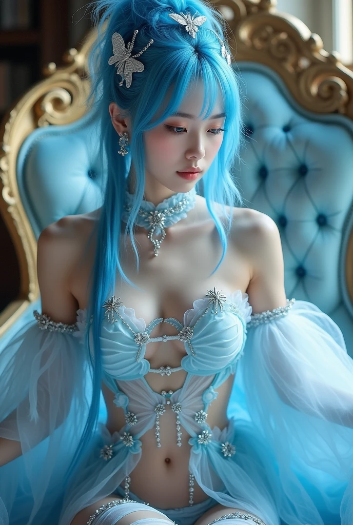 there is a woman in a red dress posing for a picture,lunar themed attire,astral,maid costume,Live girl cosplay,The beautiful,inspired by Leng Mei,Popular on CGSTATION,celestial goddess,render of april,light blues,Fantastic medium portrait top light,light blue colored skin,amouranth,fanciful,Doubleexposure