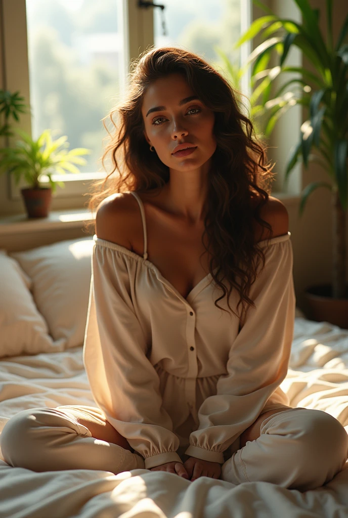 (photorealism:1.2), beautiful woman, sitting on bed, wearing loose off-shoulder top, pajama pants, long curly hair, indoors, soft lighting, plants in background, window with sunlight, cozy room, relaxed pose, realistic, intricate details, warm colors, by Greg Rutkowski, by Alphonse Mucha