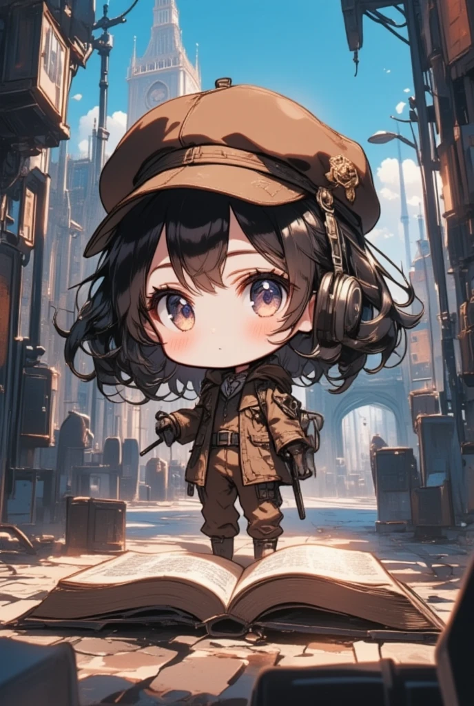 (  Masterpiece ,  High Quality , 4K, 8k,  Details),  cute detective girl  (Chibi character),  The Magic Book A Girl Has(Chibi character). London's Big Ben Wallpaper , brown beret ，brown detective suit，Chest Circumference, squat，sit，anime風, anime,  Character Design , 