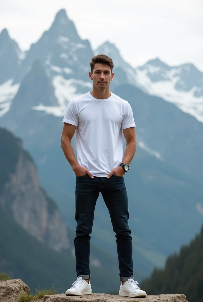 A high-resolution, {{full-body from head to toe}}, back-facing image of a 1.85m tall man wearing a plain white t-shirt and neutral pants. The man is standing in straight posture and a smiling expression. The scene is set against a [mountain range] background with [crisp morning light]. The t-shirt is smooth, with minimal folds, ideal for overlaying designs. The image captures the entire body from head to toe, with realistic lighting and detailed textures.