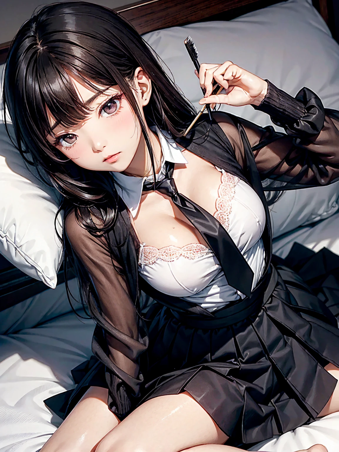 (Increase contrast)、(Increase saturation)、(27 year old super beautiful girl)、(Fair skin)Beautiful woman with perfect figure、Cute Face、long hair、Realな目、Natural Makeup、Beautiful details、(Realistic Skin)、Beautiful Skin、Charm、Ultra-high definition、超Real、Real、Very detailed、、bangs)、(White short coat and knee-high boots、Cute Japanese Idols、Tartan、I can see the cleavage)((Very short mini skirt)) Brown Hair、((On the bed、sleep、Raise your hands、handcuffs、Leg spread、Embarrassed face、Tattered and torn clothes))Leg spread