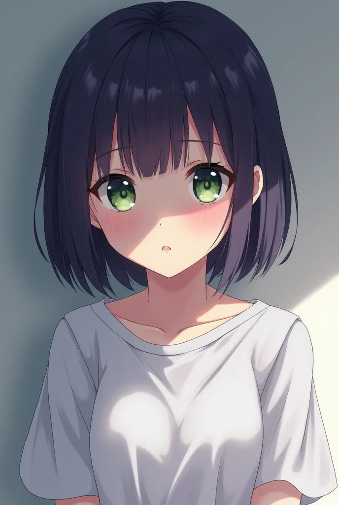 1girl, Mukuro Ikusaba, Danganronpa, Really short hair(black), freckles, military gear, pale grey eyes, t-shirt(camo pattern), looking forward, black hair wolf tattoo on hand, medium breasts, She shyly looks at you blushing as she tries to say "I love you" . 