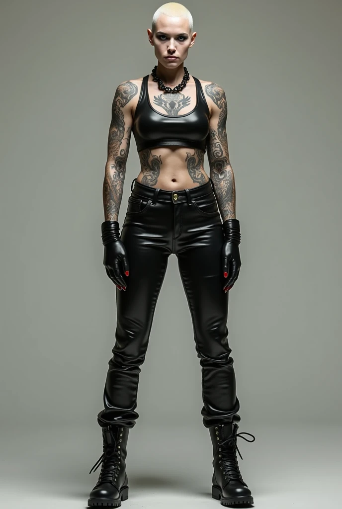Confident young woman with purple hair stands boldly in full body figure。, Wears edgy cyberpunk attire including a black cropped tank top, leather pants, Studsbelt, choker necklace, leather sleeves, and boots. Rendered in photorealistic 8K resolution.